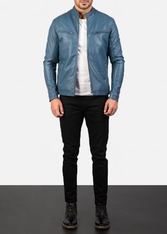 If simplistic is your style and minimalist design your preference than this men’s Ionic Blue Leather Biker Jacket is spot-on. A cool, electrifying blue, semi-aniline finish sheepskin leather, having a quilted viscose lining, zipper style closure, band style collar, open hem cuffs, and two inner as well as four outer pockets that offer ample storage. A great biker jacket with a modern twist that many are sure to appreciate. Fitted Leather Lined Biker Jacket For Winter, Fitted Blue Biker Jacket With Zipper Closure, Blue Leather Outerwear For Fall, Fall Biker Jacket With Leather Lining And Long Sleeves, Leather Lined Long Sleeve Biker Jacket For Fall, Long Sleeve Leather-lined Biker Jacket For Fall, Leather Biker Jacket With Zipper Closure, Classic Blue Long Sleeve Leather Jacket, Blue Leather Jacket With Zipper Closure