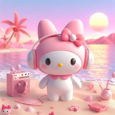 hello kitty is standing on the beach with her headphones up and listening to music