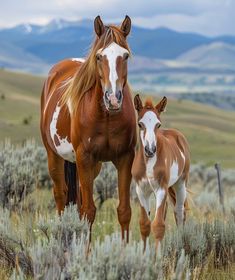 two brown and white horses standing next to each other on a field with mountains in the background