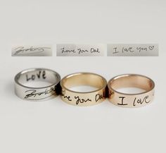 Capture the essence of your story with a personalized handwritten ring band. This unique piece of jewelry features your handwritten name or message, carefully engraved onto a high-quality band. The delicate script adds a touch of elegance and personalization, making it the perfect gift for any occasion. reate a truly one-of-a-kind piece that will be cherished for years to come. Order your personalized handwritten ring band today and let us help you create a piece of jewelry that reflects your un Handwritten Ring, Jewelry Stacking, Name Ring, Name Rings, Ring Unique, Ring Band, Engraved Rings, Stacking Ring, Ring Handmade