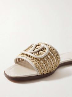 Neutral Sandals, Raffia Sandals, Latest Sandal, Woven Shoes, Gucci Eyewear, Room Fragrances, Woven Raffia, Leather Slide Sandals, Raffia Bag