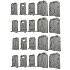 a bunch of doors sitting next to each other on a white background in different sizes