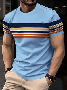 Men Contrast Color Striped Print Crew Neck Short Sleeve T-Shirt Multicolor Casual  Short Sleeve Cotton Colorblock,Striped  Slight Stretch  Men Clothing, size features are:Bust: ,Length: ,Sleeve Length: Hipster Tshirts, Oversize Casual, Mens Workout Clothes, Golf Outfits Women, Men Street, Tennis Clothes, Gaming Clothes, Casual Tee, Golf Outfit