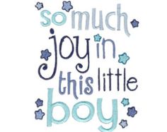 the words so much joy in this little boy are written with blue and silver stars