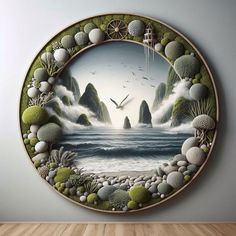 a painting on the wall shows an ocean scene with rocks, plants and seagulls