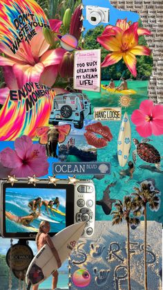 the collage is made up of photos and surfboards, with flowers on them