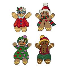 four cross stitch teddy bears in different outfits