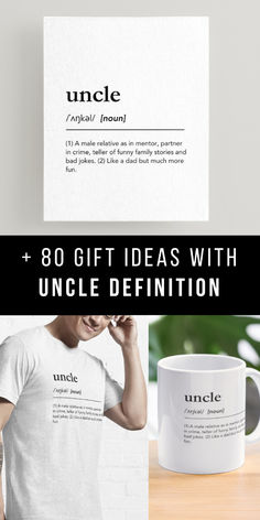 the gift ideas with uncle definition are on display next to two mugs and a note