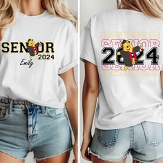 Custom Winnie The Pooh Senior 2024 Shirt, Graduation T-shirt, School Graduation Shirt, Class Of 2024 Graduation Welcome to our small family business Gift Family Shop  Thank you for choosing our products. *This design will be created using a heat press. How to Order: ✅ Please review all information provided before placing an order. ✅ Select the shirt type and size using the drop-down menu. ✅ Select the color of the shirt from the drop-down menu below. ✅ Add the text/design color (white or black) Character Print Crew Neck Top For College, School Spirit Crew Neck T-shirt With Character Print, School Spirit T-shirt With Character Print, Class Of 2024 Shirt Ideas, Grad Trip, Senior Shirts, Graduation Shirt, Mickey Mouse T Shirt, 2024 Graduation