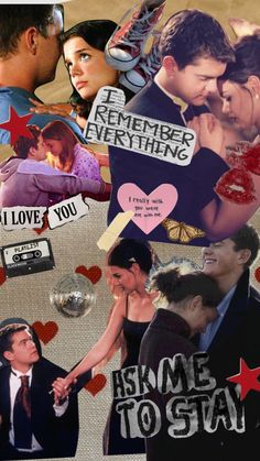 collage of photos with words and pictures on them, including an image of a man kissing a woman