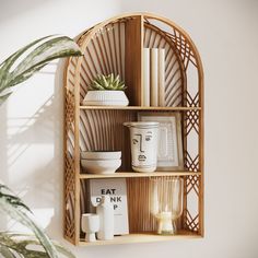 a wooden shelf with various items on it next to a houseplant and potted plant