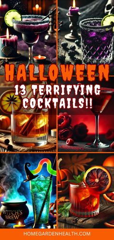 halloween themed cocktails with candles and pumpkins