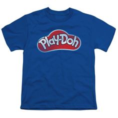 a blue t - shirt with the word play doh on it's chest