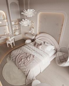 an artistic rendering of a bedroom with white furniture and decorations on the walls, including a bed