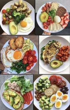 four pictures of different types of food on white plates with eggs, tomatoes, avocado, and other foods