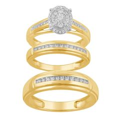 Whether you wear them individually or together, these 10k gold and diamond rings lend a touch of sparkle to any outfit. Whether you wear them individually or together, these 10k gold and diamond rings lend a touch of sparkle to any outfit. Metal: 10k gold Packaging: boxed Width: 2 mm Finish: polishedDIAMOND DETAILS Total weight: 3/8 ct. Shape: round brilliant Setting: prong Gemstones may have been treated to enhance their appearance. Special care may be required. Please visit our Gemstone Treatm Gold And Diamond Rings, Trio Ring Set, Gold Packaging, Trio Ring, Bridal Sets, 10k Gold, Round Brilliant, Ring Set, Diamond Rings