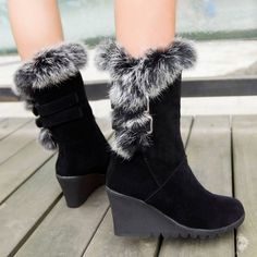 Short Suede Boots, Trendy Boots, Snow Boots Women, Suede Wedges, Calf Boots, Wedge Boots, Mid Calf Boots, Rabbit Fur, Heeled Ankle Boots