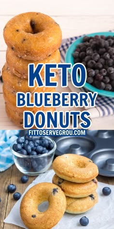 keto blueberry donuts stacked on white plate and others stacked on parchment paper with a two bowls of blueberries Blueberry Donuts Baked, Low Carb Blueberry, Low Carb Donut, The Boiled Egg Diet, Blueberry Donuts, Keto Donuts, Keto Blueberry, Low Fat Low Carb, Egg Diet Plan