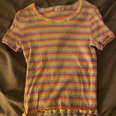 High Mock Neck Baby Tee With Scalloped Bottom, Never Worn! Rainbow Fitted Crew Neck Top, Fitted Rainbow Crew Neck Top, 90s Striped Crew Neck Top, Fitted Rainbow Short Sleeve Tops, Fitted Rainbow Casual Top, Fitted Casual Rainbow Tops, 90s Striped Short Sleeve Tops, Fitted Rainbow Top For Spring, Cute Ribbed Cotton Tops