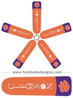 an orange and purple logo with paw prints on the front, back and side of it