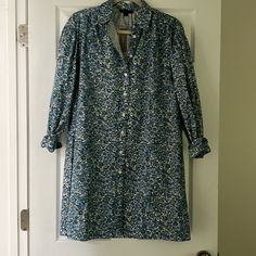 Nwt Size Small J Crew Liberty Print Dress Long Sleeve Button Front Blue Button-up Mini Dress For Fall, Blue Long Sleeve Mini Dress With Buttons, Spring Long Sleeve Dresses With Button Back, Blue Long Sleeve Dresses With Button Cuffs, Button-up Cotton Floral Print Dress, Blue Collared Mini Dress With Button Closure, Cotton Button-up Dress With Floral Print, Blue Buttoned Mini Dress For Work, Cotton Floral Print Button-up Dress