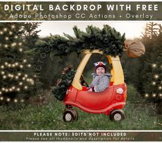 a baby in a red car with a christmas tree on top