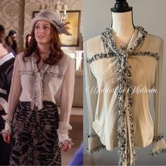 Seen On Blair Waldorf (Leighton Meester In Gossip Girl) Rare Blouse Button Closure And Ties At The Neck Size 4 Very Good Condition Follow Me @Waldorf_in_midtown For More Screen Worn Accurate Authentic/Designer Gossip Girl Fashion Gossip Girl Momentsmy Personal Gossip Girl Collection Named By The New York Post As The “Gossip Girl Guru”Featured In Vogue Magazine Gossip Girl Fashion, Leighton Meester, Blair Waldorf, Vogue Magazine, New York Post, Gossip Girl, Gray White, Follow Me, Girl Fashion