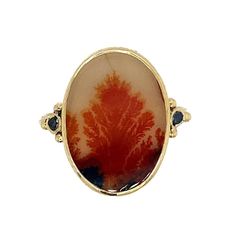 It almost looks like a reef on fire trapped in this Black and Orange Dendrite agate. set in 14k yellow gold bezel with sterling silver back this one of a kind beauty is finished with Emily's 14k gold seagrass band. Approximate stone size: 17mm x 13mm Approx ct weight: 4.4cts Mohs Hardness scale: 7 This one of a kind piece is handmade with love in Emily's Hudson Valley studio. If you have questions about sizing, shipping or need help deciding on your perfect piece please reach out to us! Oval Agate Yellow Gold Jewelry, Yellow Gold Oval Agate Jewelry, Oval Yellow Gold Agate Jewelry, Fine Jewelry In Yellow Gold With Natural Inclusions, 14k Gold Nature-inspired Oval Jewelry, Oval 14k Gold Nature-inspired Jewelry, Nature-inspired Oval 14k Gold Jewelry, Nature-inspired 14k Gold Oval Jewelry, Nature-inspired Untreated Oval Jewelry