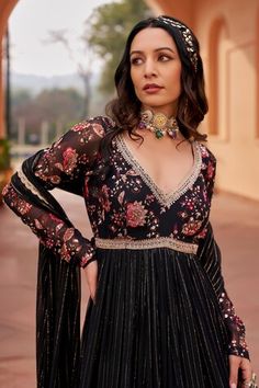 Black anarkali with floral and stripe patterns and sequin embellishments. Comes with scalloped border dupatta. - Aza Fashions Anarkali With Dupatta, Black Anarkali, Scalloped Border, Women Kurta, Churidar, Anarkali, Aza Fashion, Stripes Pattern, Black Floral