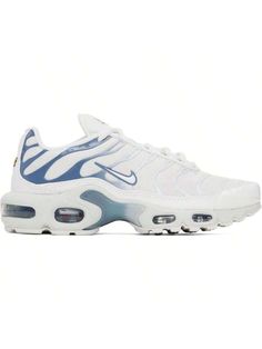 Nike 
White & Blue Air Max Plus Sneakers 
Low-top lightweight breathable mesh sneakers in white-to-blue gradient. 
. Patent faux-leather trim throughout 
. Lace-up closure 
. Logo patch at padded tongue and heel counter 
. Padded collar 
. Swoosh appliqué at sides 
. Mesh lining 
. Air Sole units at foam rubber midsole 
. Treaded rubber sole 
Please note that this item may be shipped only within North America. 
Supplier color: Summit white/Ashen slate 
Upper: textile, synthetic. Sole: rubber. 
M Low-top Mesh Sneakers, Mid-top Fade-resistant Training Sneakers, Mid-top Training Sneakers, White Custom Sneakers For Jogging With Translucent Outsole, Athleisure White Sneakers With Air Max Cushioning, White Mesh Lace-up Sneakers, White Custom Sneakers With Translucent Outsole For Jogging, Custom Low-top Mesh Sneakers With Air Max Cushioning, Custom White Mesh Sneakers With Translucent Outsole