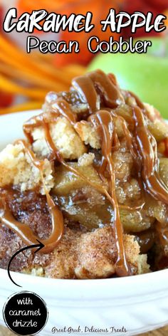 a close up of a plate of food covered in caramel sauce and toppings