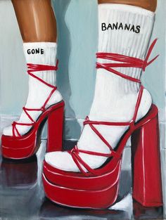 a painting of a pair of red shoes with white socks tied up to the ankles