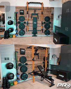 the gym equipment is neatly organized and ready to be used by someone in their home