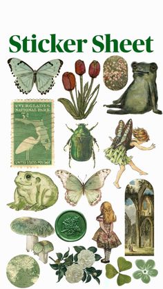 the cover of sticker sheet, featuring various images of flowers and animals in green