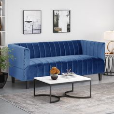 a living room with a blue velvet couch and coffee table in front of a bookcase