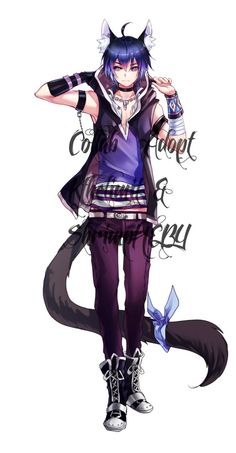 an anime character with black hair and blue eyes, wearing purple pants and holding a cat tail