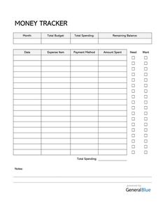 a printable worksheet for the money tracker, which includes several tasks and numbers