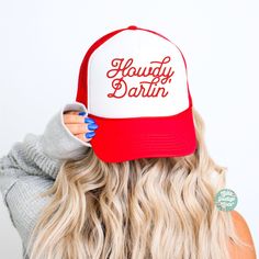 Howdy Darlin' foam trucker hat, perfect for that retro cowgirl aesthetic.  -One size fits most. Circumference of the hat is about 24in. -Adjustable back -Foam Trucker Hat ♡ DISCLAIMERS: - Colors may vary depending on the device you are viewing them on This item is made especially for you as soon as you place an order so it can take a little longer to deliver it to you.  Please be sure to check our shipping & policies page for more information on production, shipping times, & cancellation policy. Fun Trucker Hat For Country Events, Fun Snapback Trucker Hat For Country Events, Red Trucker Hat For Rodeo, Red Snapback Trucker Hat For Rodeo, Fun Trucker Hat For Country Events One Size, Retro Snapback Trucker Hat For Rodeo, Retro Trucker Hat For Country Events, Retro Adjustable Trucker Hat For Country Events, Fun Adjustable Trucker Hat For Rodeo