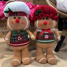 two teddy bears dressed in plaid outfits standing next to each other