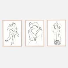 three black and white drawings of people hugging each other