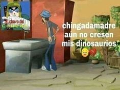 a man standing next to a trash can in front of a sign that says, chigaddamadree am no cresen mis dinosaurosaurios