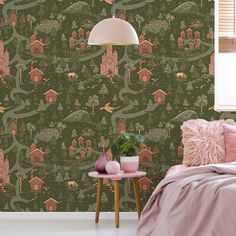 a bed room with a lamp a table and a wallpapered pattern on the wall