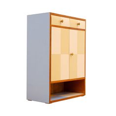 a cabinet with two doors and drawers on one side, the door is open to reveal an area for storage