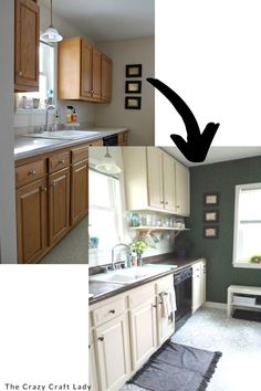 before and after pictures of a kitchen with wood cabinets, white countertops, and gray flooring