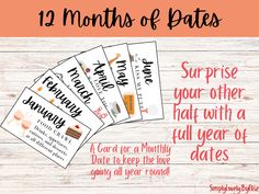 four months of date cards with the text 12 months of dates