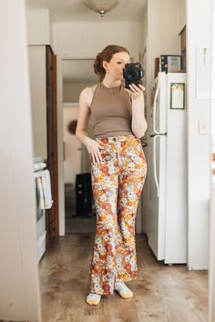 A stretchier material was used for these fun pants! They are flare and high waisted and have a stretchy waist! Brand: Shein 70s Inspired Fitted Flare Jeans For Spring, Retro Flare Bottoms For Fall, Retro Flare Fitted Bottoms, 70s Inspired High Waist Bottoms For Spring, 70s Inspired Flare Bottoms For Spring, 70s Inspired Wide Leg Bottoms For Fall, 70s Inspired Wide Leg Fall Bottoms, High Waist 70s Inspired Pants For Spring, 70s Inspired High Waist Bottoms For Fall