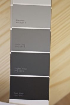 the shades of gray and white are shown in this color swat list for interior paint