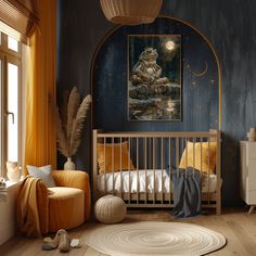 a baby's room with a crib, rocking chair and painting on the wall