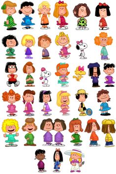 many different cartoon characters are grouped together in this image, with the same character on each side