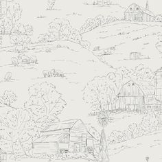 Pasture Toile Wallpaper in Taupe and Charcoal from the Simply Farmhouse Collection by York Wallcoverings Farmhouse Wallpaper, Toile Wallpaper, York Wallpaper, Drops Patterns, W Wallpaper, Hay Bales, York Wallcoverings, A Breath Of Fresh Air, Rural Landscape